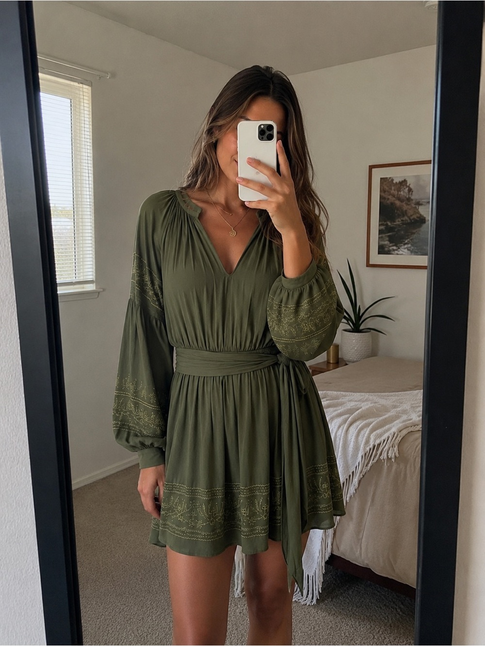 Ramy Brook Mia Embroidered Blouson Sleeve Mini Dress Green 8 NWOT